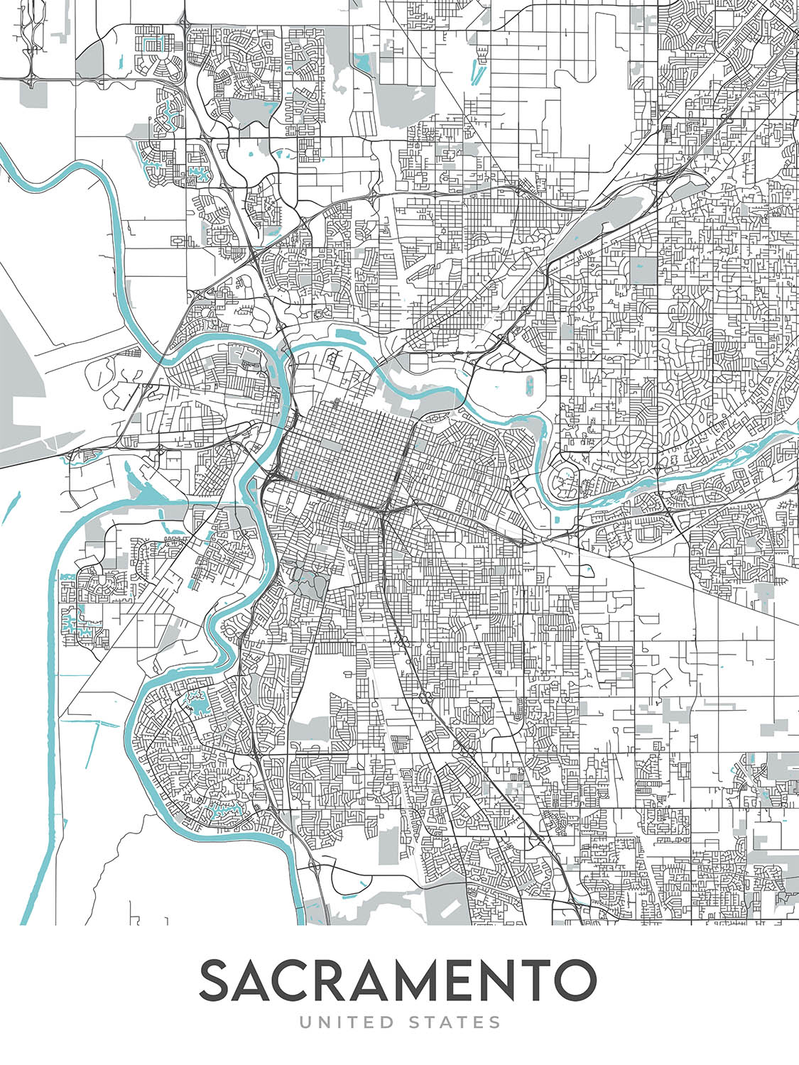 Mapa moderno de la ciudad de Sacramento, CA: centro, Midtown, East Sac, Sac State, American River