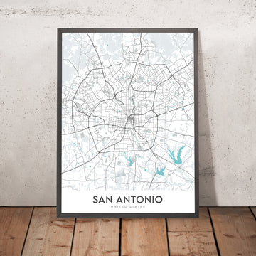 Mapa moderno de la ciudad de San Antonio, TX: Álamo, River Walk, AT&T Center, Centro, I-35