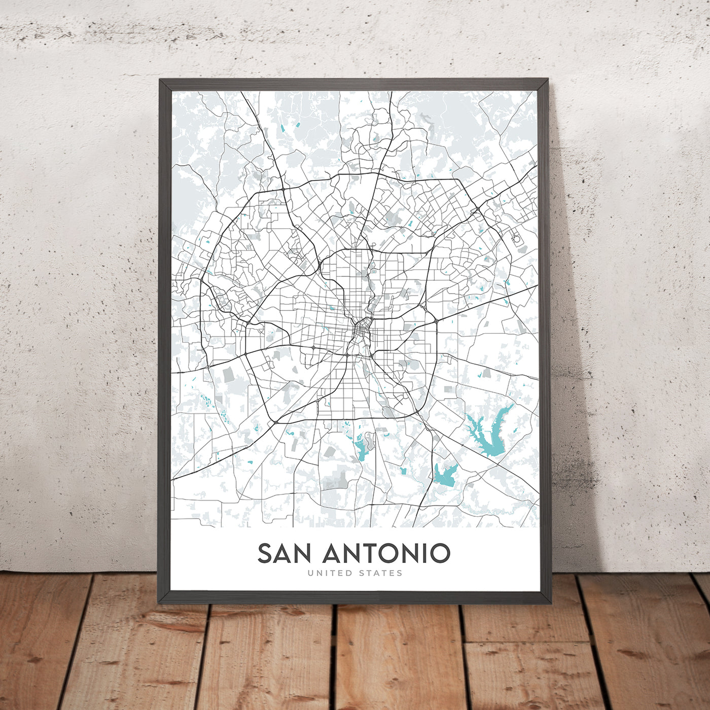 Mapa moderno de la ciudad de San Antonio, TX: Álamo, River Walk, AT&T Center, Centro, I-35