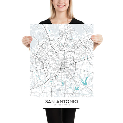 Mapa moderno de la ciudad de San Antonio, TX: Álamo, River Walk, AT&T Center, Centro, I-35