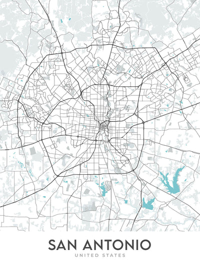 Mapa moderno de la ciudad de San Antonio, TX: Álamo, River Walk, AT&T Center, Centro, I-35