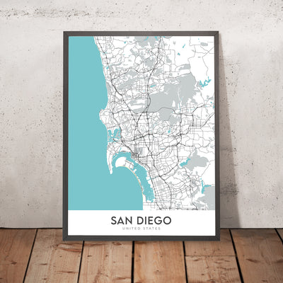 Moderne Stadtkarte von San Diego, CA: Balboa Park, Gaslamp Quarter, La Jolla, Mission Beach, Pacific Beach 