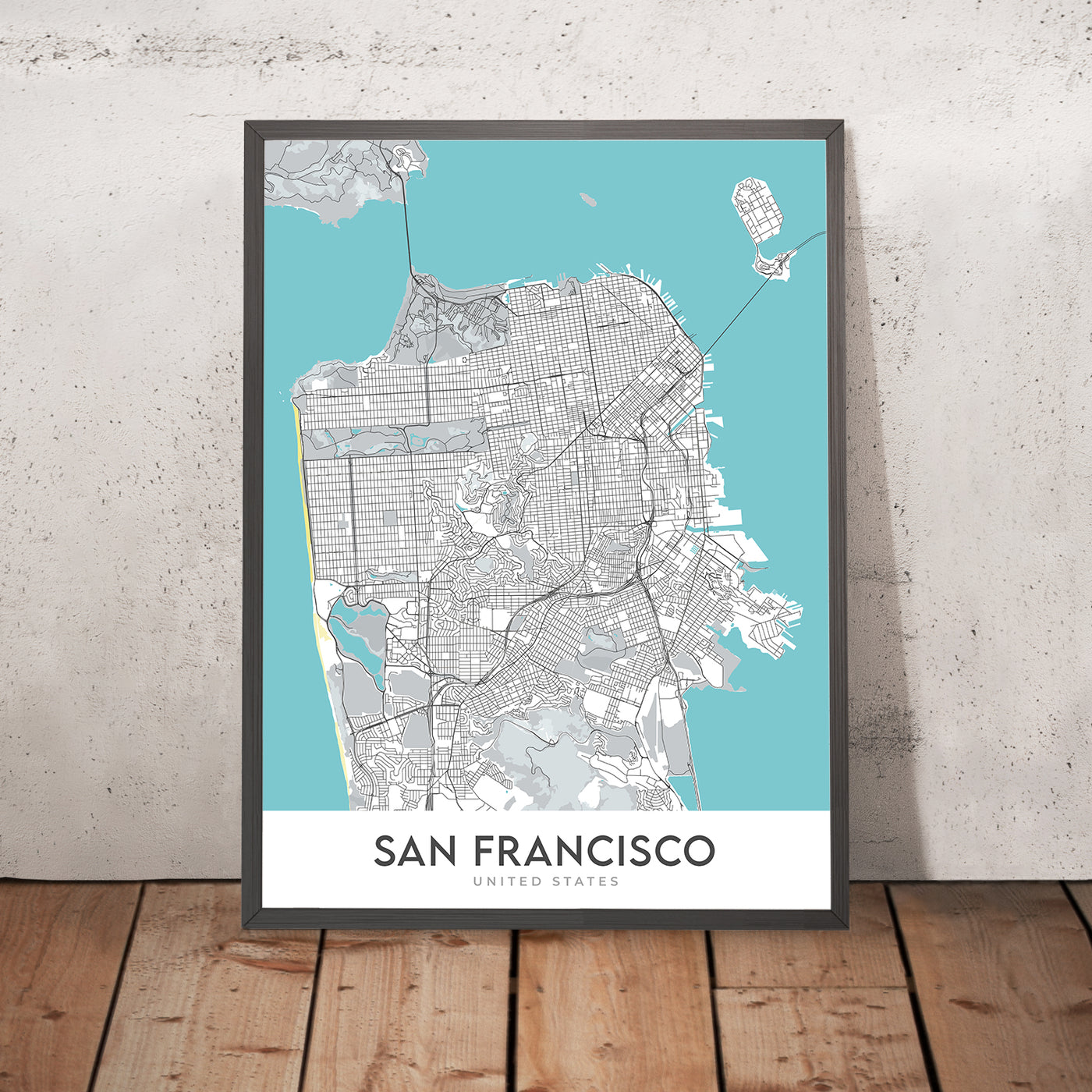Mapa moderno de la ciudad de San Francisco, CA: Puente Golden Gate, Fisherman's Wharf, Alcatraz, Chinatown, Presidio