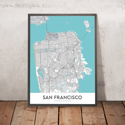 Mapa moderno de la ciudad de San Francisco, CA: Puente Golden Gate, Fisherman's Wharf, Alcatraz, Chinatown, Presidio