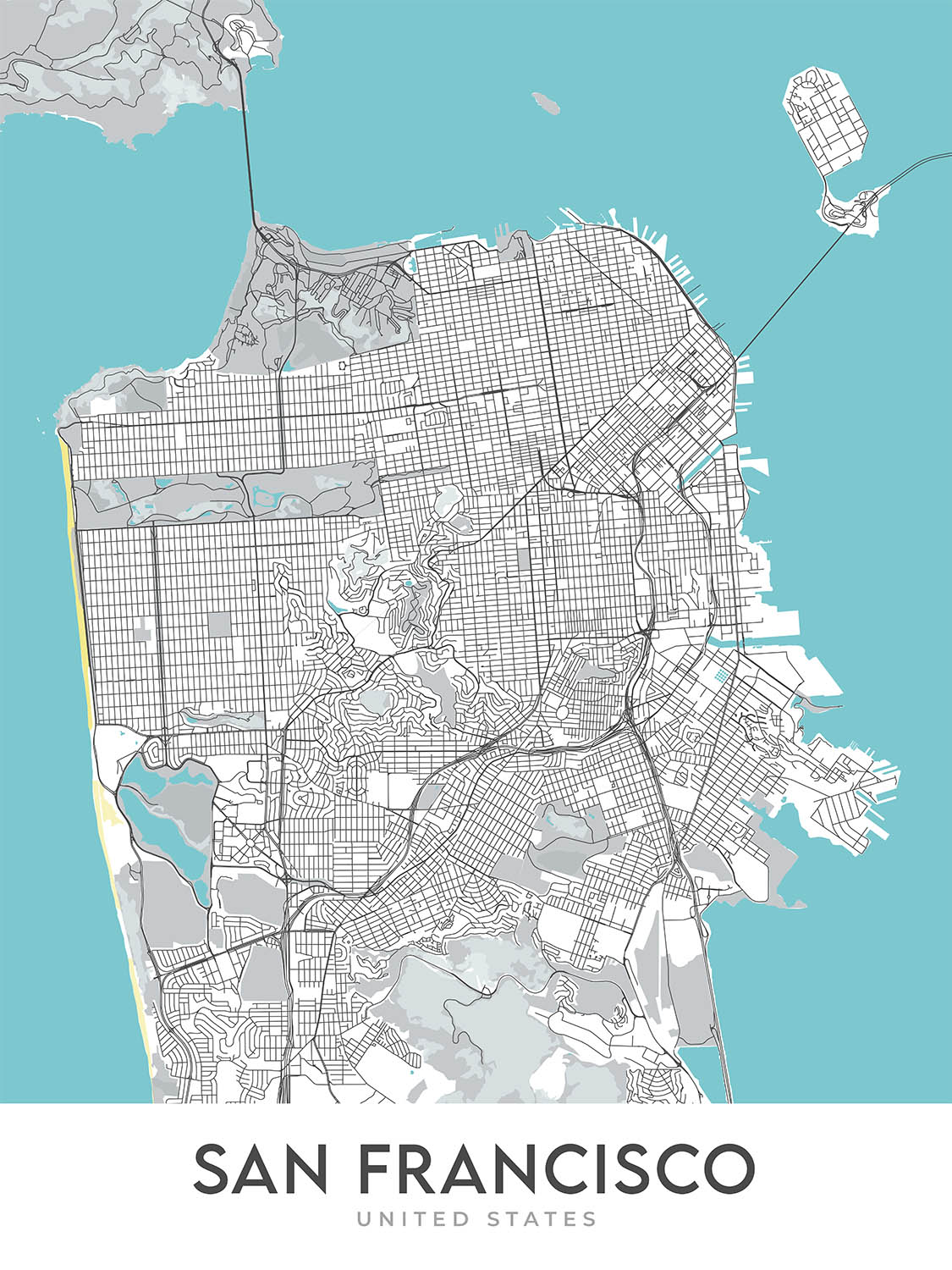 Mapa moderno de la ciudad de San Francisco, CA: Puente Golden Gate, Fisherman's Wharf, Alcatraz, Chinatown, Presidio