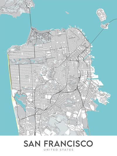 Mapa moderno de la ciudad de San Francisco, CA: Puente Golden Gate, Fisherman's Wharf, Alcatraz, Chinatown, Presidio