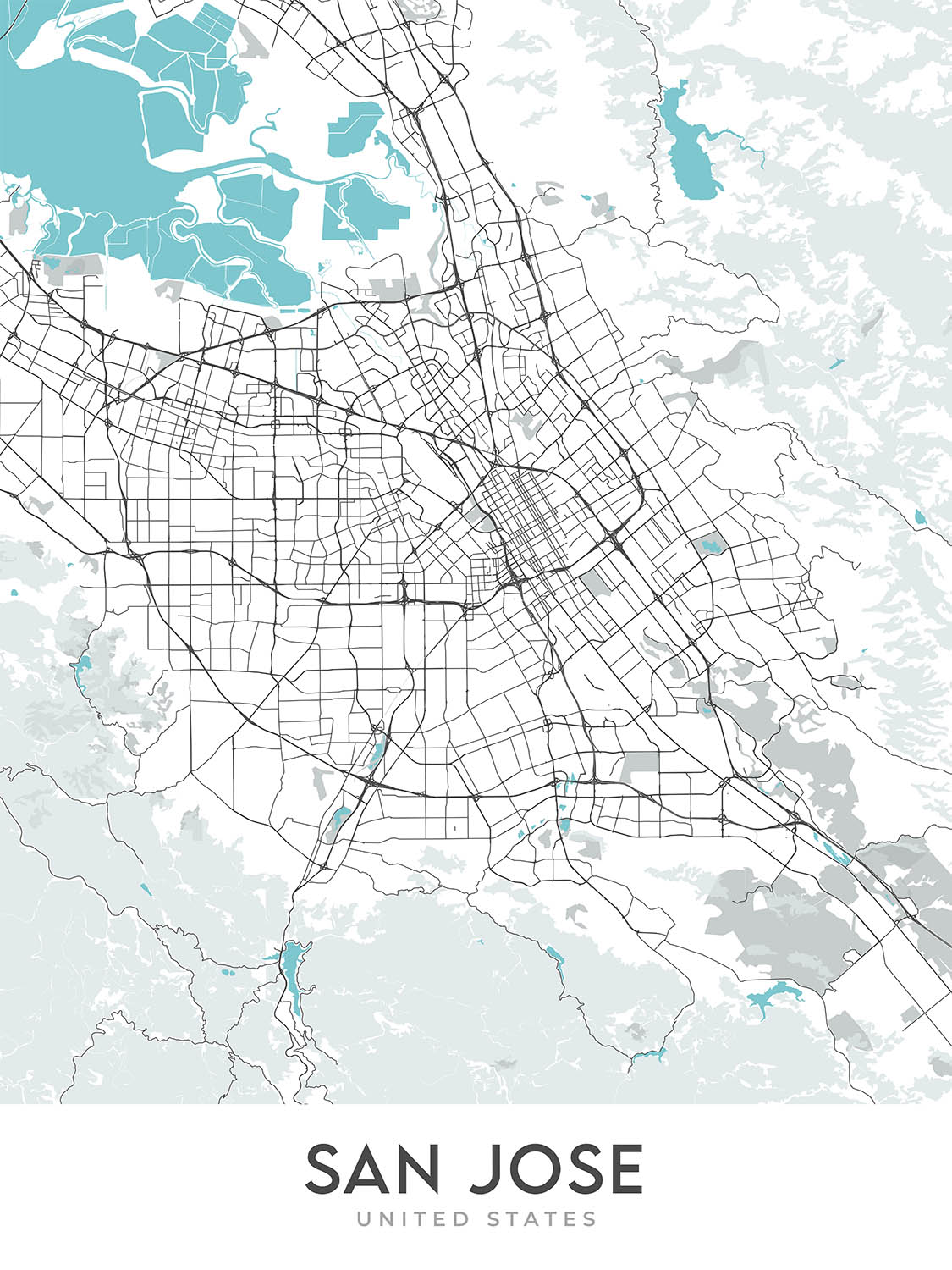 Mapa moderno de la ciudad de San José, CA: Willow Glen, Rose Garden, Japantown, I-280, CA-85