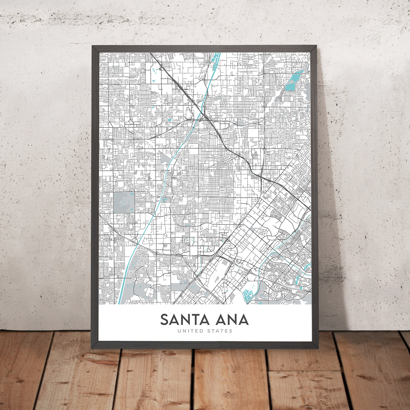 Plan de la ville moderne de Santa Ana, Californie : centre-ville, musée Bowers, Honda Center, I-5, CA-55