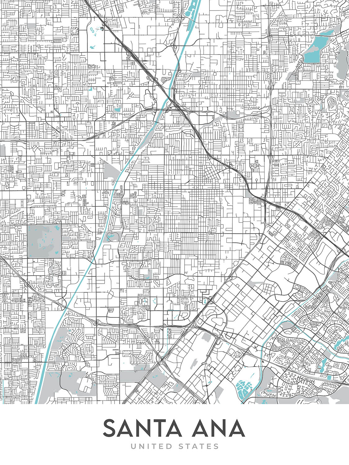 Plan de la ville moderne de Santa Ana, Californie : centre-ville, musée Bowers, Honda Center, I-5, CA-55