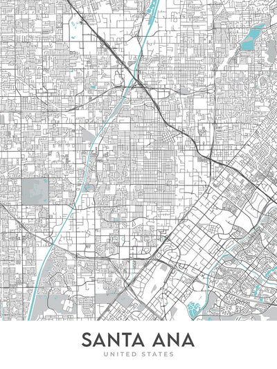 Plan de la ville moderne de Santa Ana, Californie : centre-ville, musée Bowers, Honda Center, I-5, CA-55