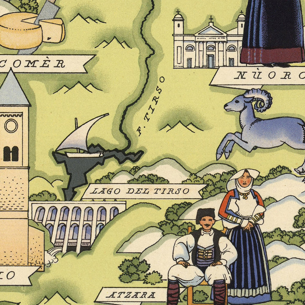 Alter Piktorialer Stadtplan von Sardinien von De Agostini, 1938: Cagliari, Sassari, Nuoro, Oristano, Olbia 