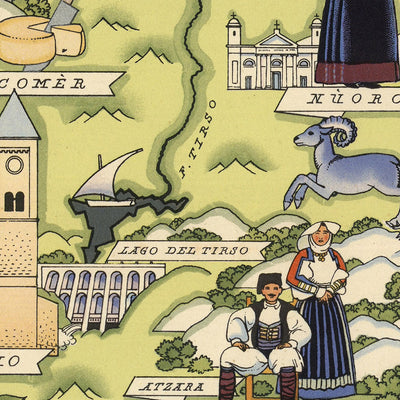 Alter Piktorialer Stadtplan von Sardinien von De Agostini, 1938: Cagliari, Sassari, Nuoro, Oristano, Olbia 