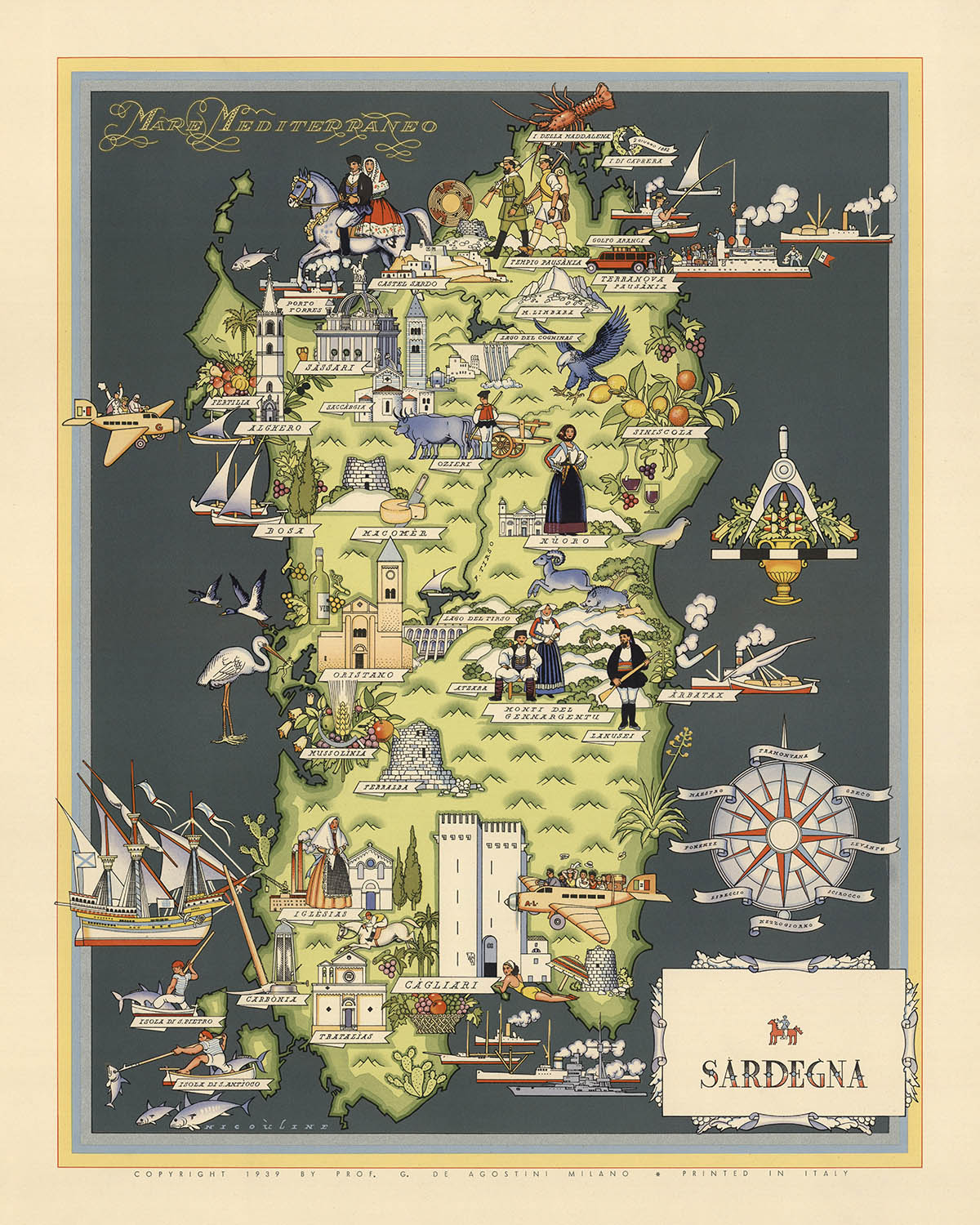 Alter Piktorialer Stadtplan von Sardinien von De Agostini, 1938: Cagliari, Sassari, Nuoro, Oristano, Olbia 