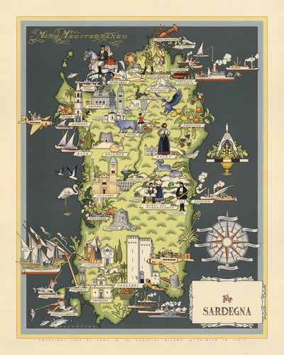 Alter Piktorialer Stadtplan von Sardinien von De Agostini, 1938: Cagliari, Sassari, Nuoro, Oristano, Olbia 