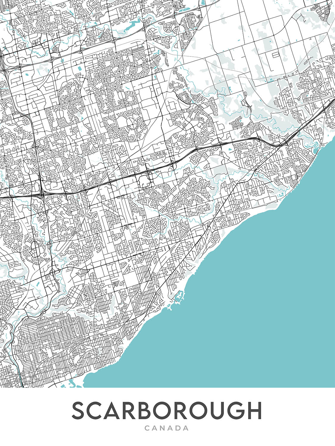 Mapa moderno de la ciudad de Scarborough, Canadá: Bluffs, zoológico, centro de la ciudad