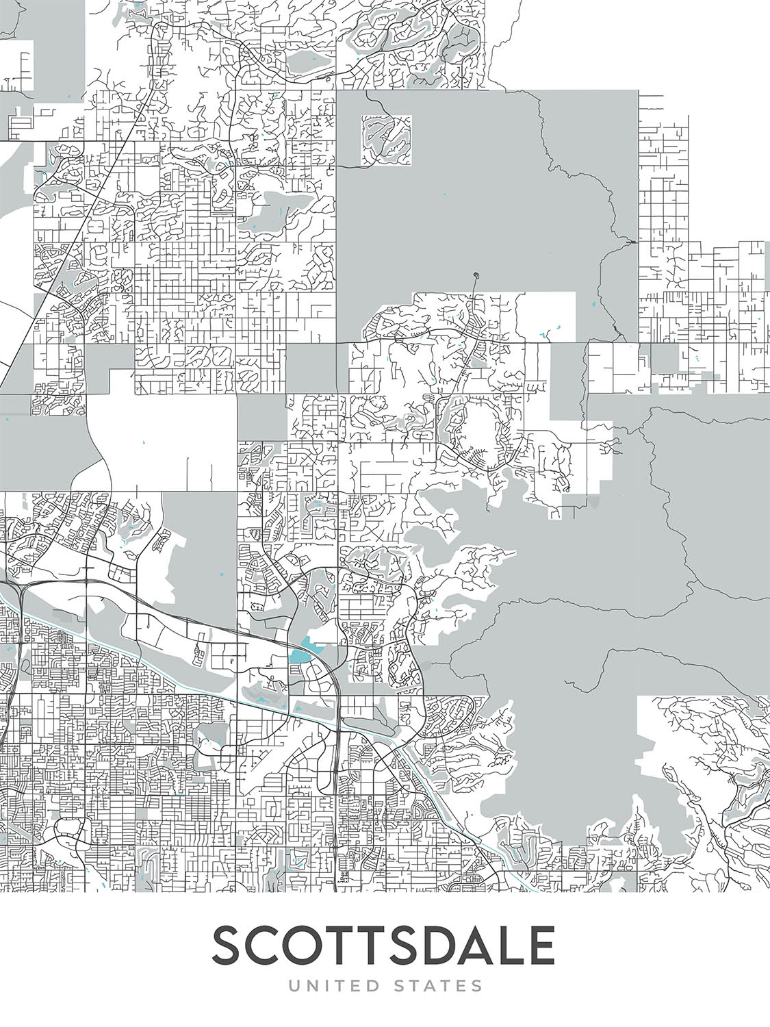 Moderne Stadtkarte von Scottsdale, AZ: Innenstadt, Alte Stadt, Scottsdale Stadion, Scottsdale Fashion Square, Loop 101 