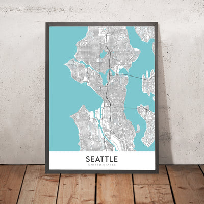 Mapa moderno de la ciudad de Seattle, WA: Capitol Hill, Queen Anne, Belltown, Pike Place Market, Space Needle