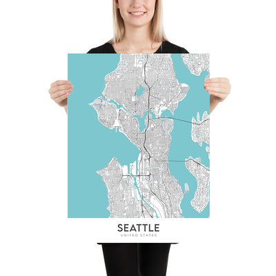 Mapa moderno de la ciudad de Seattle, WA: Capitol Hill, Queen Anne, Belltown, Pike Place Market, Space Needle