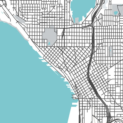 Mapa moderno de la ciudad de Seattle, WA: Capitol Hill, Queen Anne, Belltown, Pike Place Market, Space Needle