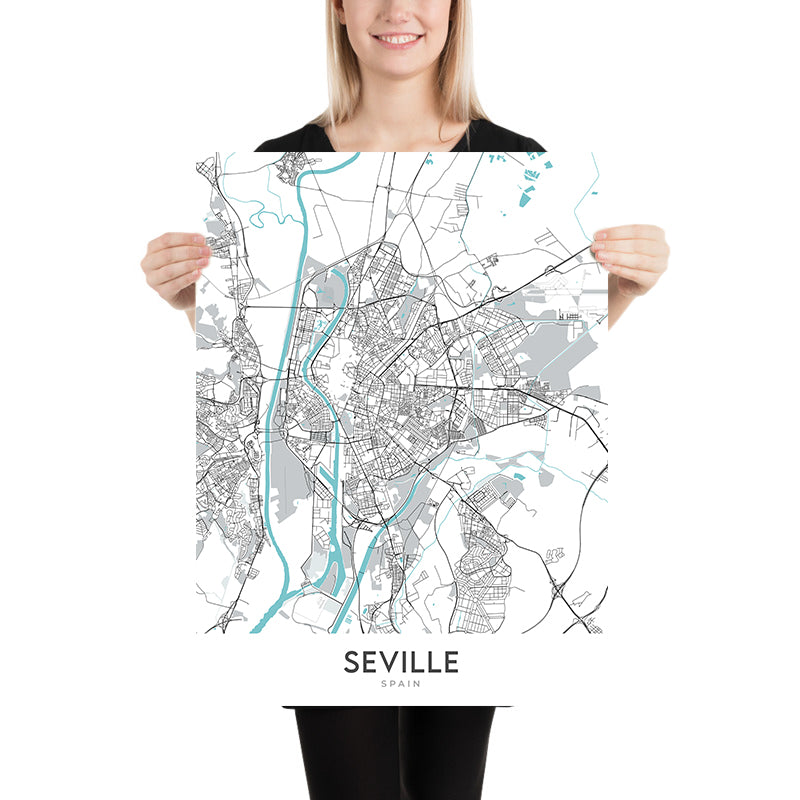 Mapa moderno de la ciudad de Sevilla, España: Triana, Catedral, Alcázar, Plaza de España, Río Guadalquivir