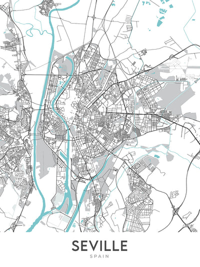 Mapa moderno de la ciudad de Sevilla, España: Triana, Catedral, Alcázar, Plaza de España, Río Guadalquivir