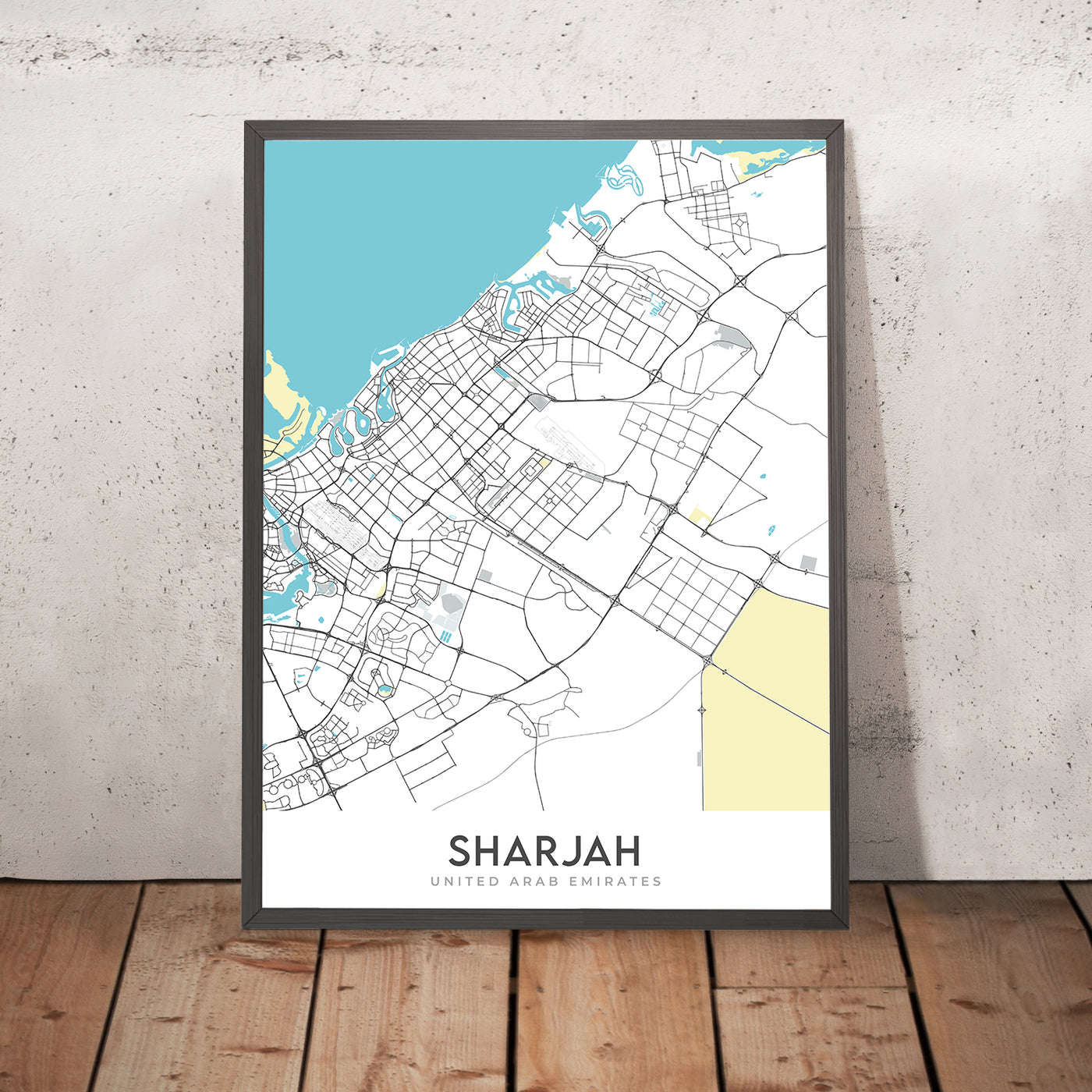 Moderne Stadtkarte von Sharjah, VAE: Al Noor Moschee, Al Qasba, Al Majaz Waterfront, Universität & Amerikanische Universität von Sharjah 