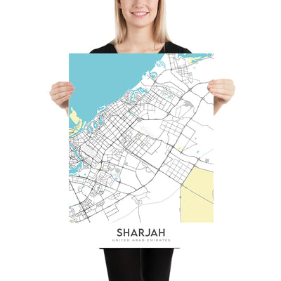 Moderne Stadtkarte von Sharjah, VAE: Al Noor Moschee, Al Qasba, Al Majaz Waterfront, Universität & Amerikanische Universität von Sharjah 