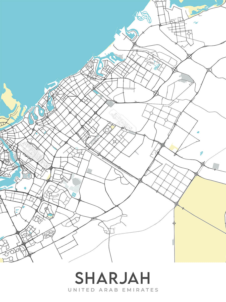 Carte moderne de la ville de Sharjah, Émirats Arabes Unis : Mosquée Al Noor, Al Qasba, Front de mer Al Majaz, Université et Université Américaine de Sharjah 