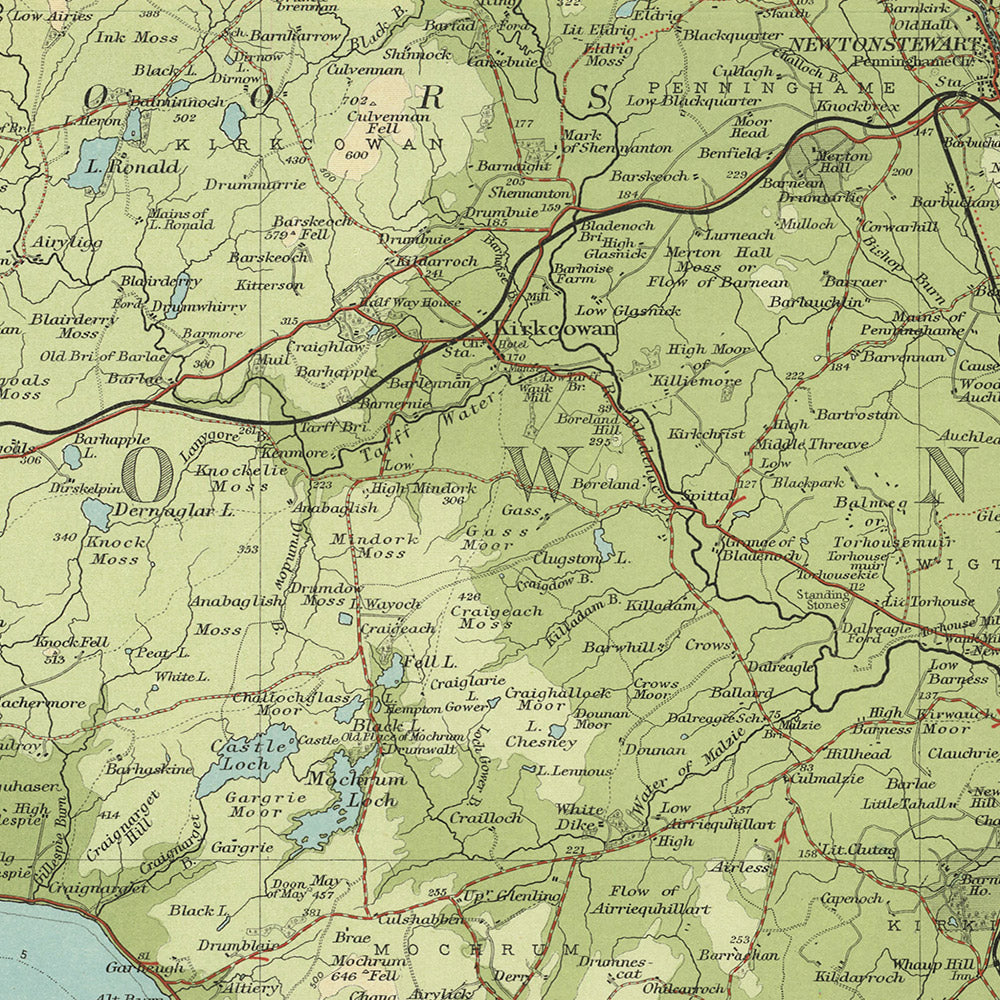 Antigua mapa OS de Wigtownshire por Bartholomew, 1901: Stranraer, Bahía de Luce, Bosque de Galloway, Merrick, Río Cree, Portpatrick 