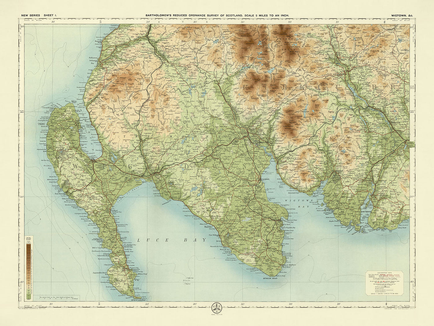 Antigua mapa OS de Wigtownshire por Bartholomew, 1901: Stranraer, Bahía de Luce, Bosque de Galloway, Merrick, Río Cree, Portpatrick 