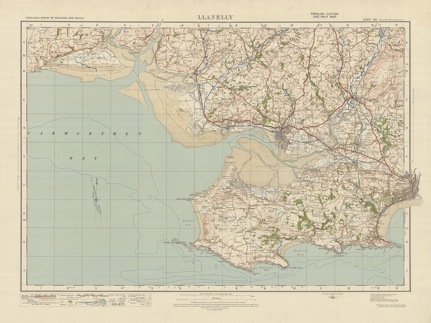 Alte Ordnance Survey-Karte, Blatt 100 - Llanelly, 1925: Swansea, Mumbles, Burry Port, Kidwelly, Gower AONB 