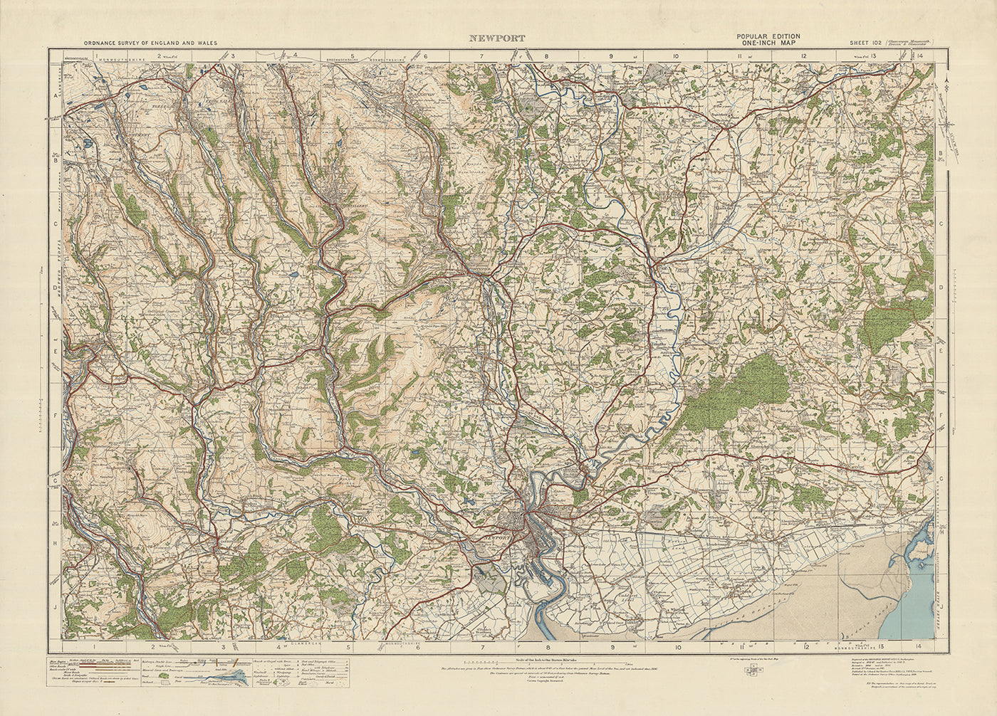 Alter Ordnance Survey-Karte, Blatt 102 - Newport, 1925: Cwmbran, Pontypool, Abertillery, Blackwood, Caerphilly 