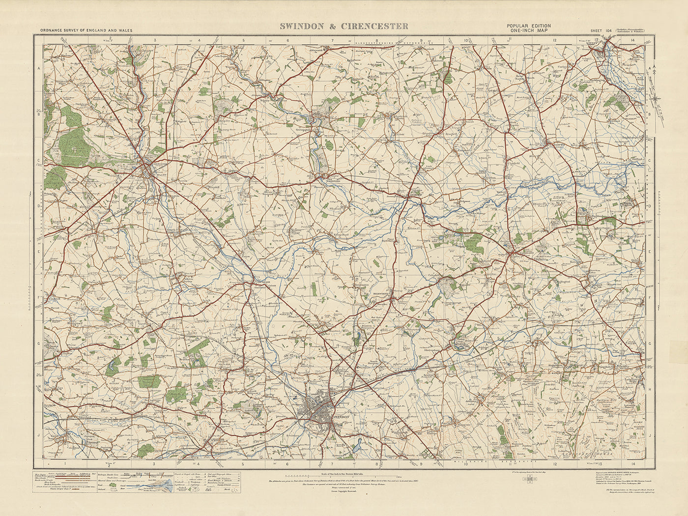 Alter Ordnance Survey Karte, Blatt 104 - Swindon & Cirencester, 1925: Faringdon, Highworth, Witney, Carterton, Lechlade, Das Weiße Pferd 