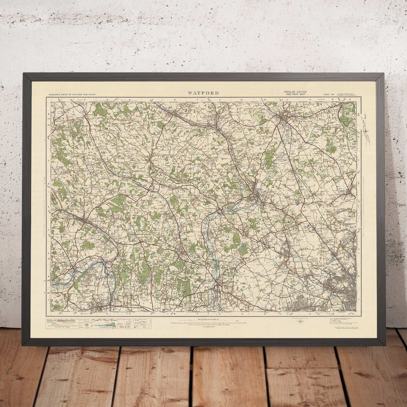 Carte Old Ordnance Survey, feuille 106 - Watford, 1925 : St Albans, Hemel Hempstead, High Wycombe, Maidenhead, parc régional de Clne Valley