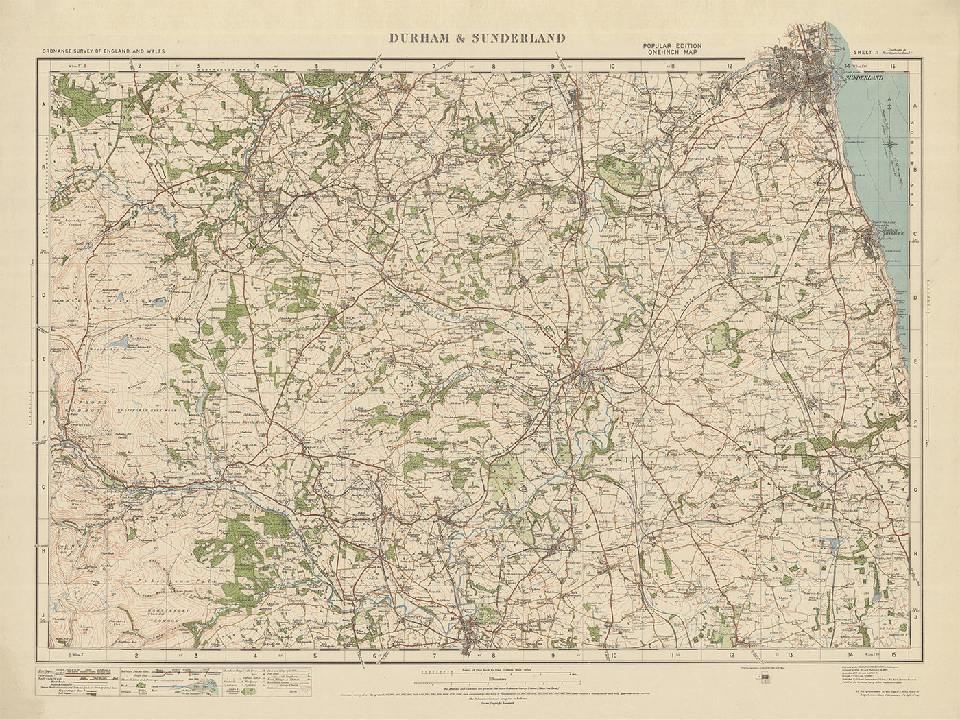 Ancienne carte de l'Ordnance Survey, Feuille 11 - Durham & Sunderland, 1925 : Port de Seaham, Bishop Auckland, Houghton le Spring, Chester le Street, Hetton le Hole 