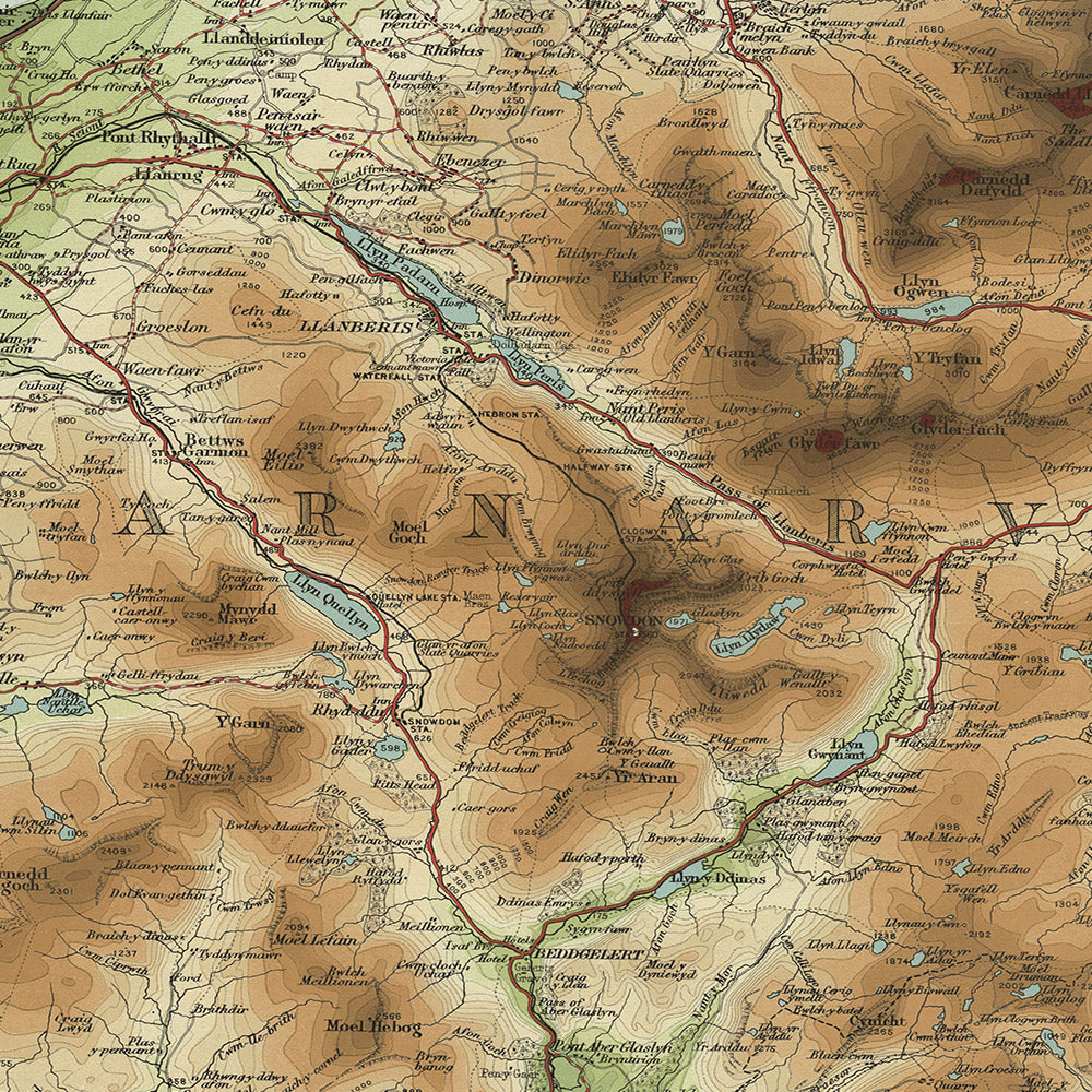 Old OS Map of North Wales by Bartholomew, 1901: Snowdon, Caernarfon, Llandudno, Menai Strait, Conwy, Anglesey