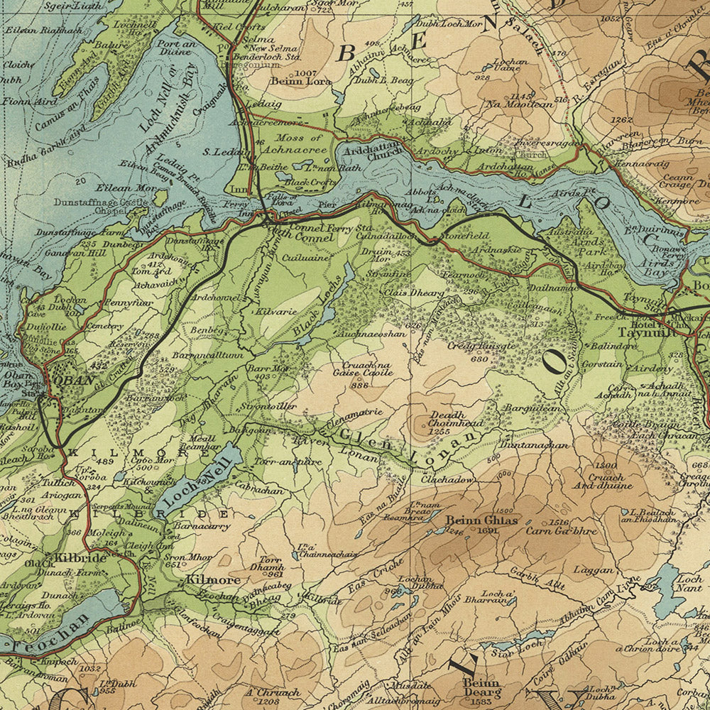 Antigua mapa OS de Oban y Loch Awe, Argyllshire por Bartholomew, 1901: Firth de Lorn, Loch Awe, Ben Cruachan, Glen Coe, Isla de Mull, Loch Lomond 
