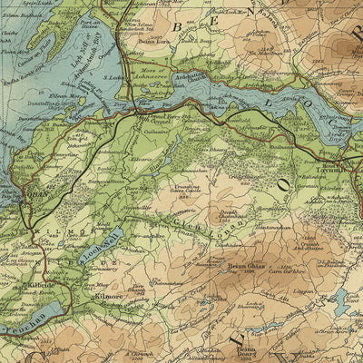 Antigua mapa OS de Oban y Loch Awe, Argyllshire por Bartholomew, 1901: Firth de Lorn, Loch Awe, Ben Cruachan, Glen Coe, Isla de Mull, Loch Lomond 