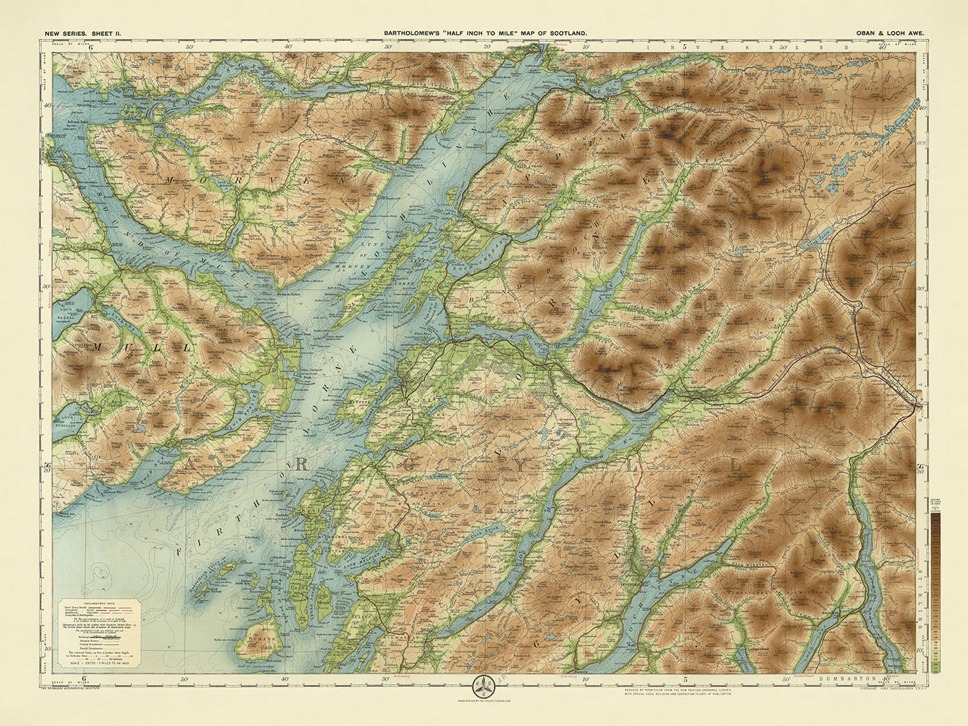 Antigua mapa OS de Oban y Loch Awe, Argyllshire por Bartholomew, 1901: Firth de Lorn, Loch Awe, Ben Cruachan, Glen Coe, Isla de Mull, Loch Lomond 