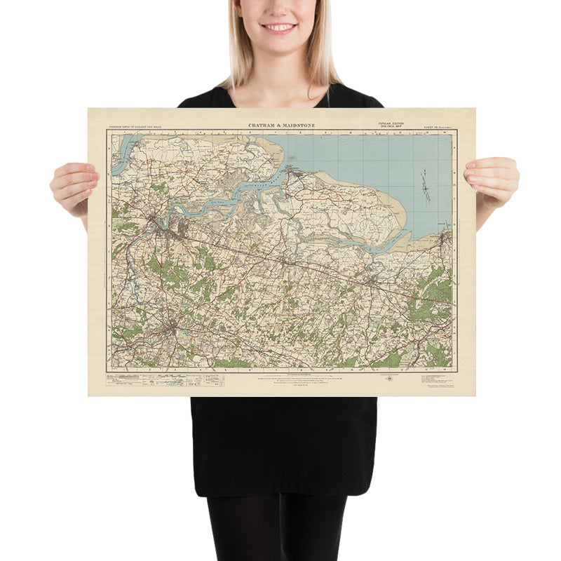 Carte Old Ordnance Survey, feuille 116 - Chatham & Maidstone, 1925 : Sheerness, Whitstable, Faversham, Rochester, île de Sheppey