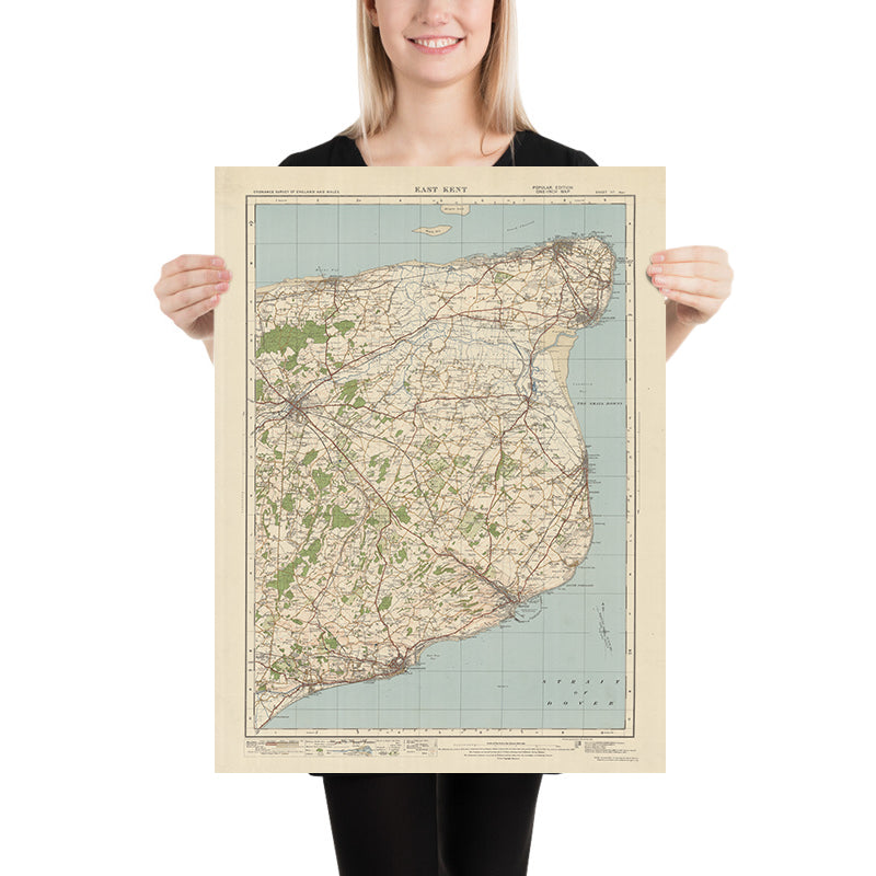 Mapa de Old Ordnance Survey, hoja 117 - East Kent, 1925: Canterbury, Dover, Folkestone, Broadstairs, Kent Downs AONB