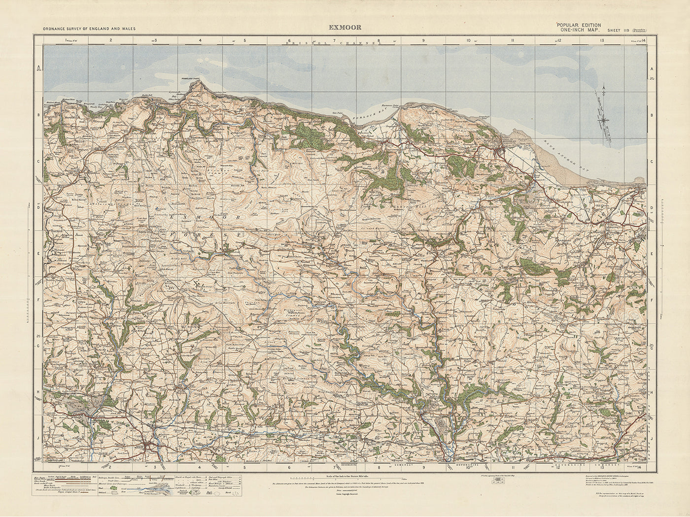 Old Ordnance Survey Map, Sheet 119 - Exmoor, 1925: Minehead, South Molton, Dunster, Watchet, Foreland Point