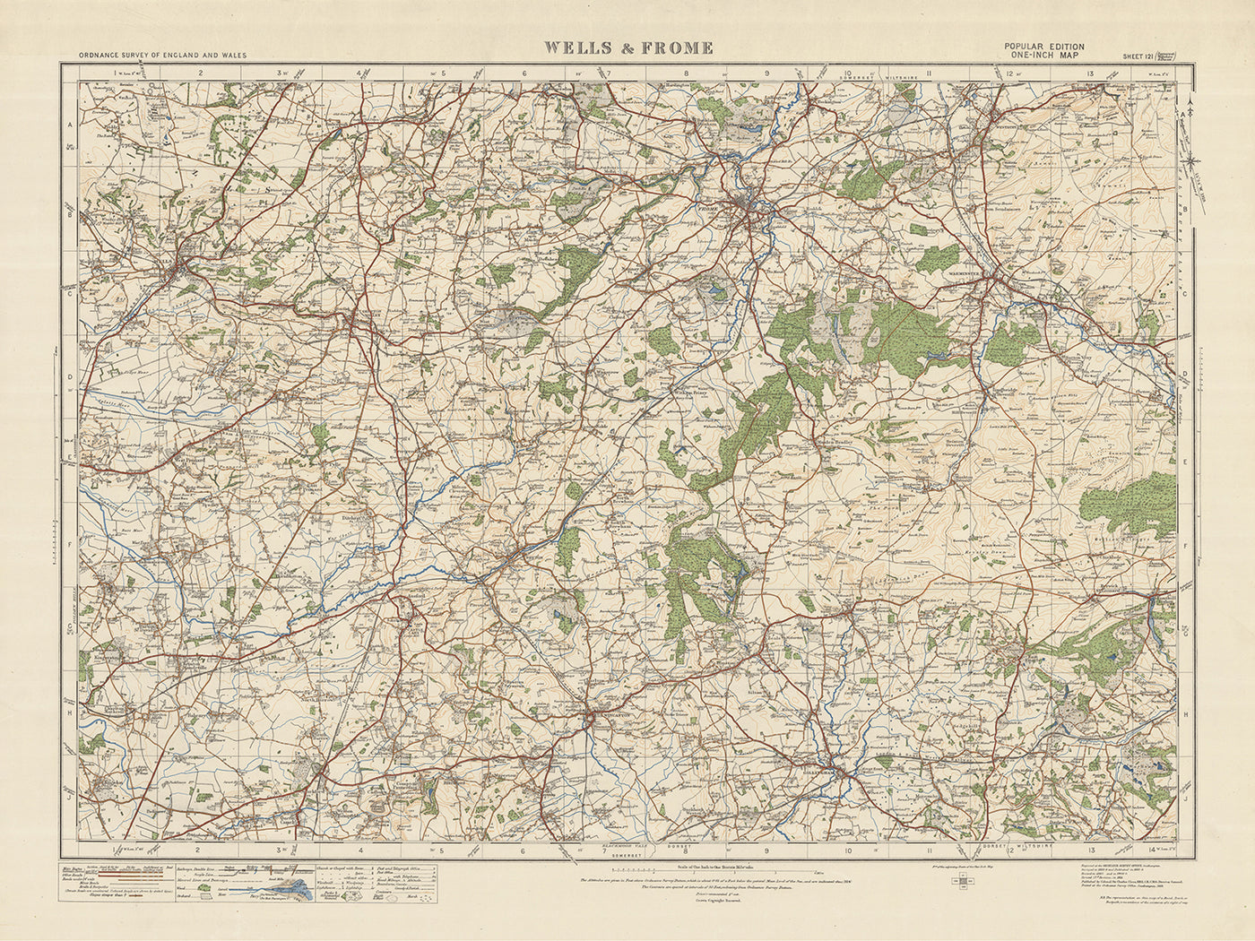 Old Ordnance Survey Map, Sheet 121 - Wells & Frome, 1925: Warminster, Westbury, Gillingham, Shepton Mallet, Cranborne Chase AONB