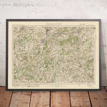Carte Old Ordnance Survey, feuille 124 - Guildford & Horsham, 1925 : Aldershot, Farnham, Reigate, Godalming, Surrey Hills AONB