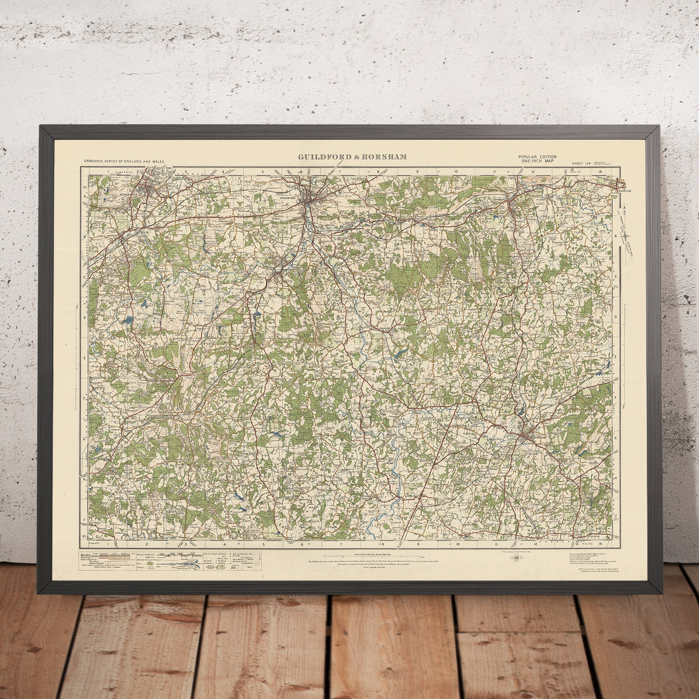 Mapa de Old Ordnance Survey, hoja 124 - Guildford & Horsham, 1925: Aldershot, Farnham, Reigate, Godalming, Surrey Hills AONB