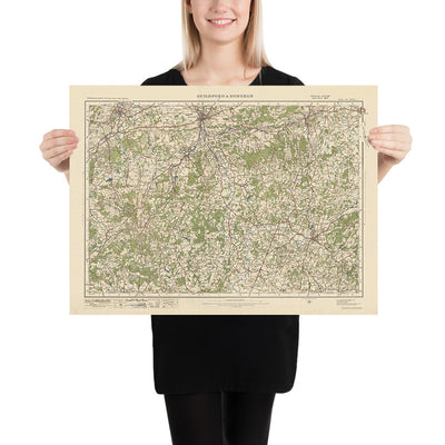 Mapa de Old Ordnance Survey, hoja 124 - Guildford & Horsham, 1925: Aldershot, Farnham, Reigate, Godalming, Surrey Hills AONB