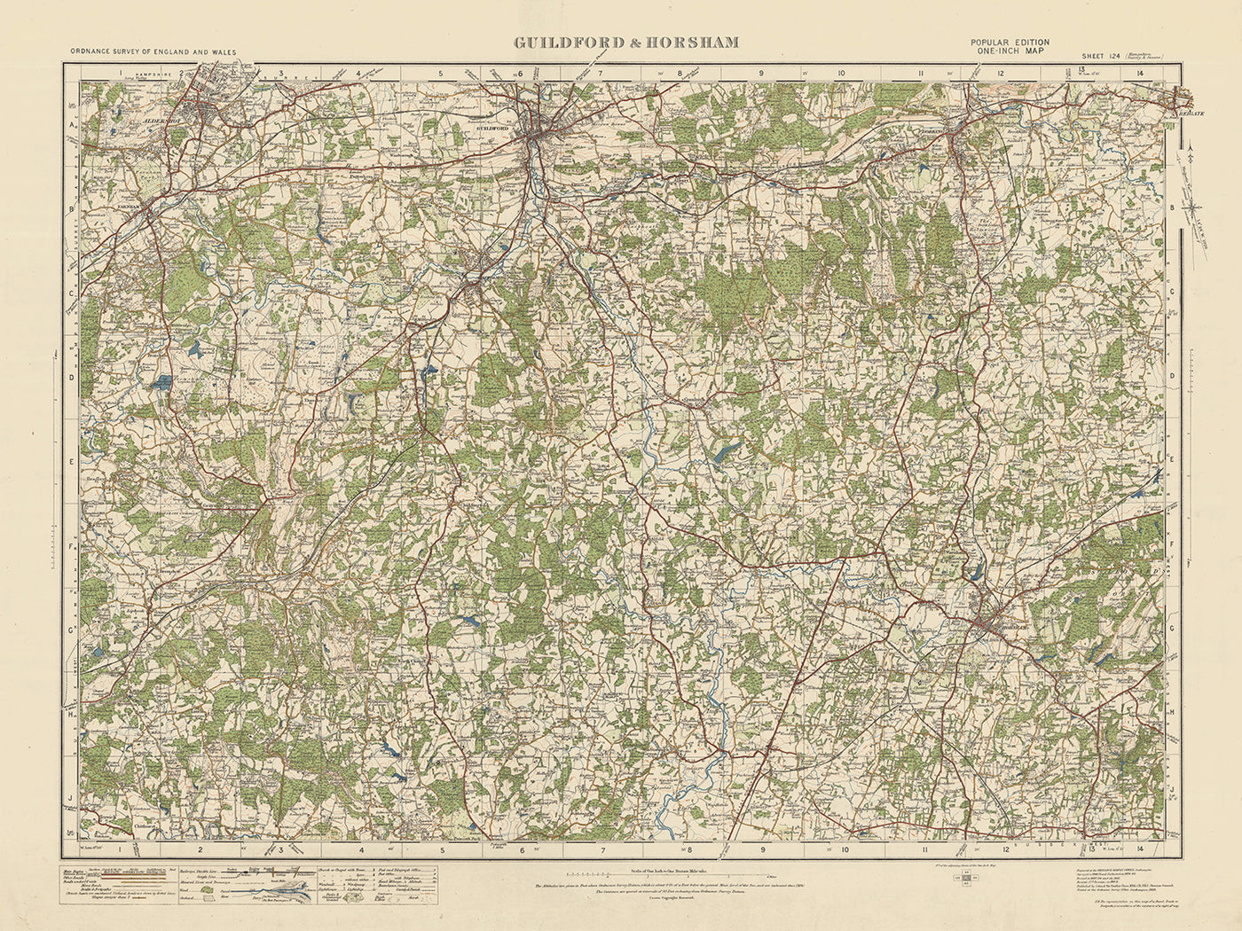 Mapa de Old Ordnance Survey, hoja 124 - Guildford & Horsham, 1925: Aldershot, Farnham, Reigate, Godalming, Surrey Hills AONB
