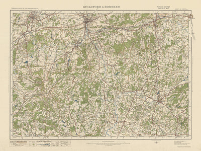 Mapa de Old Ordnance Survey, hoja 124 - Guildford & Horsham, 1925: Aldershot, Farnham, Reigate, Godalming, Surrey Hills AONB