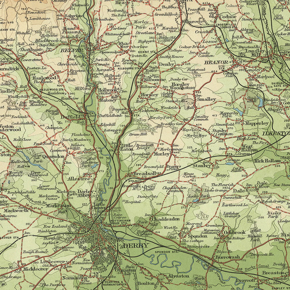 Ancienne carte OS de Derby et Nottingham par Bartholomew, 1901 : Buxton, Bakewell, rivière Trent, parc national des Peak District, forêt de Sherwood 