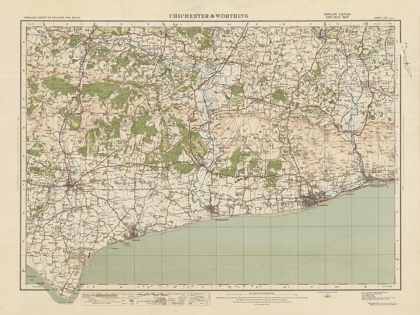 Alte Ordnance Survey-Karte, Blatt 133 - Chichester & Worthing, 1925: Bognor Regis, Littlehampton, Selsey, Worthing, Midhurst 